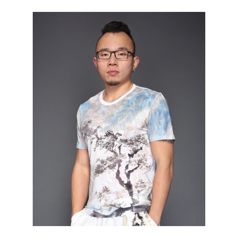 中国风山水画水墨画国画印花T恤男装个性夏季休闲短袖圆领半截袖