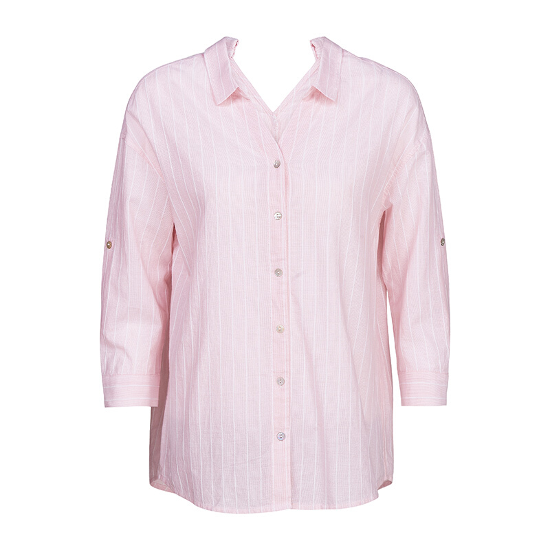 2018夏女士经典棉质粉色露背条纹长袖外套上衣衬衫桃皮粉/661