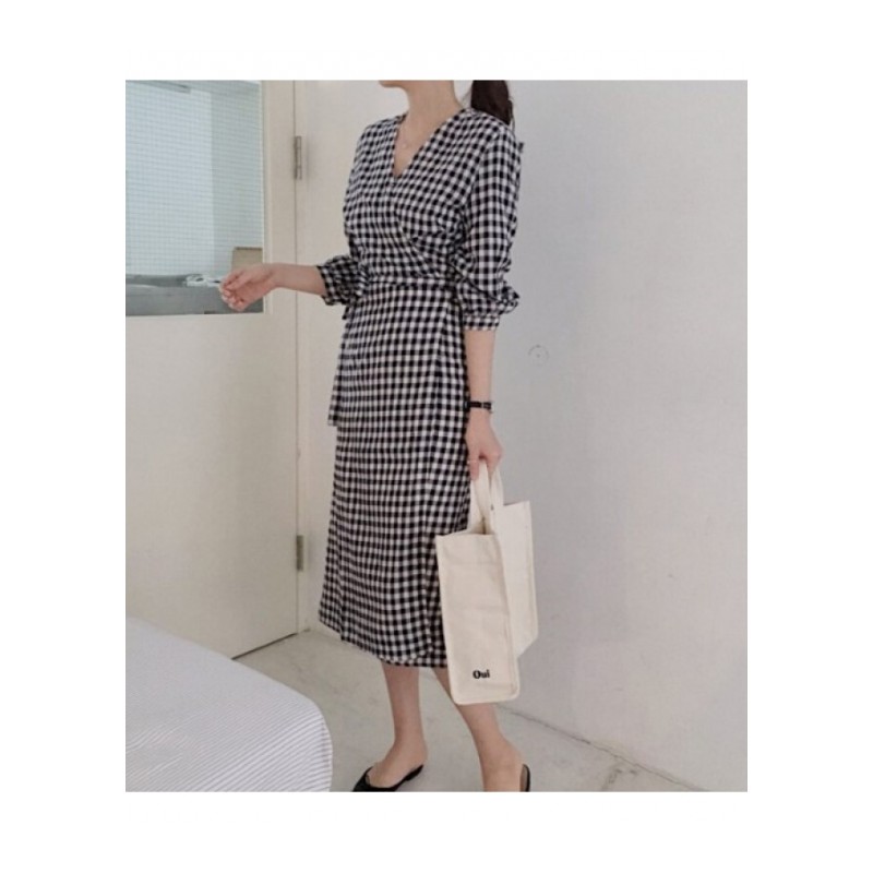 文艺范初夏格子控一片式系带七分袖V领连衣裙女黄色均码