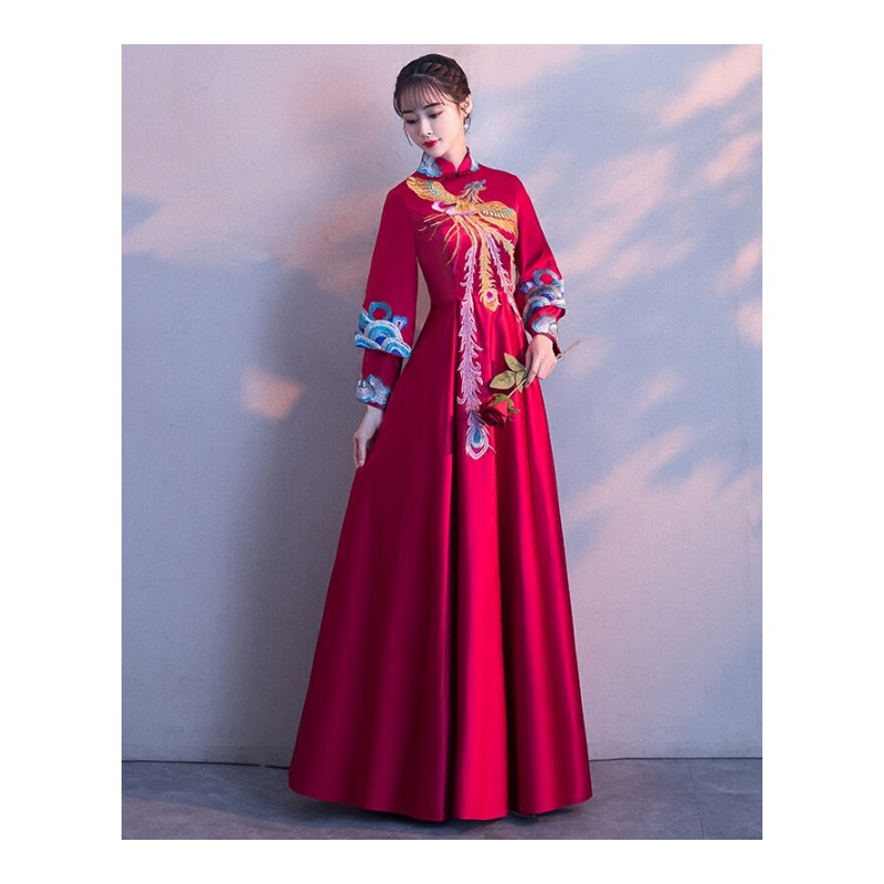 中式婚纱礼服女2018新款宫廷公主嫁衣复古中国风新娘敬酒服秀禾服酒红色