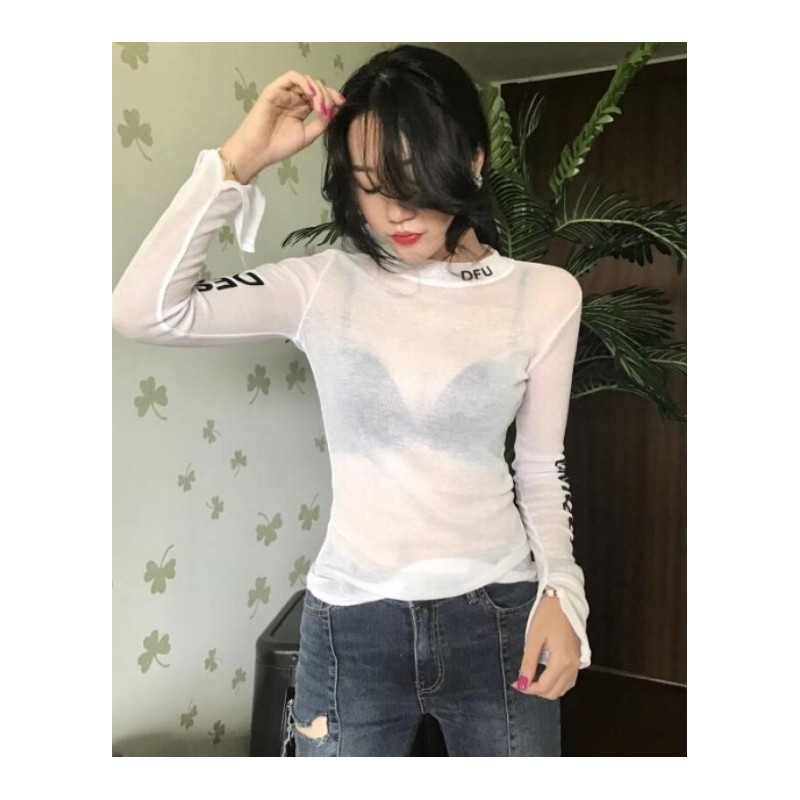 2018早秋新款字母印花高领薄款打底衫弹力修身长袖T恤上衣女潮黑色均码