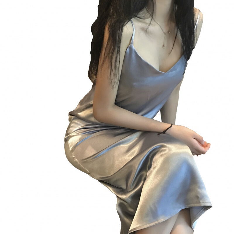 夏季复古韩国纯色显瘦带打底长裙气质V领无袖宽松连衣裙女