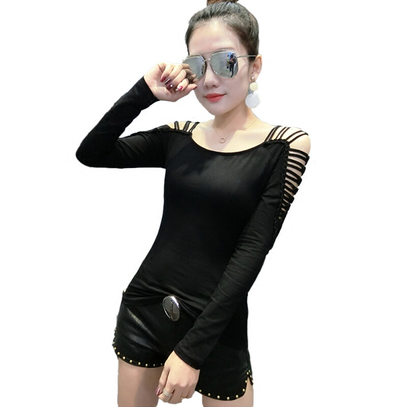 2018 打底衫女士洋气小衫时尚夜店女装性感露肩上衣长袖T恤潮 黑色 S
