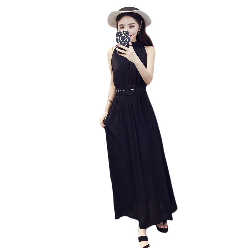 夏季女装2018韩版气质修身挂脖式立领无袖高腰A字长款连衣裙