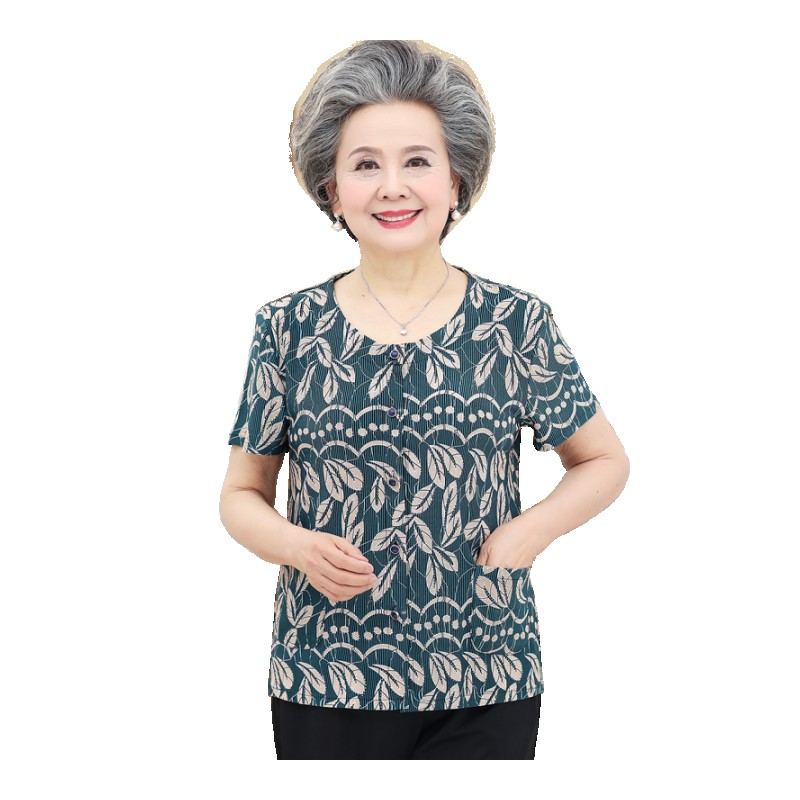 妈妈夏装两件套60-70岁80中老年女短袖T恤衬衫老人上衣奶奶装套装灰色两件套装L建议75-90斤