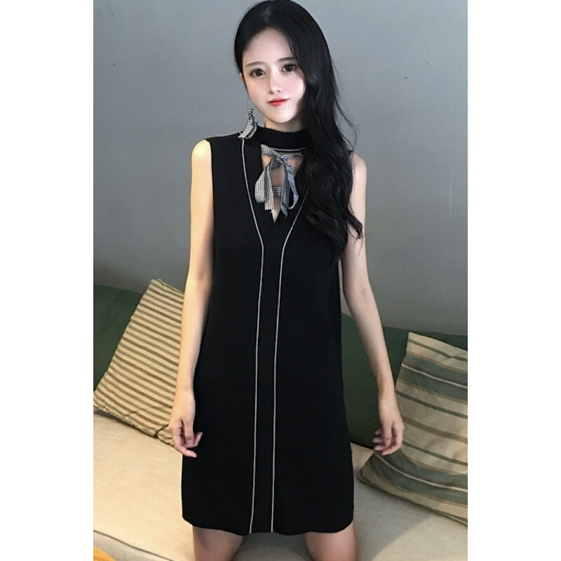夏季韩版圆领无袖系带针织背带连衣裙显瘦两穿直筒裙女 黑色 均码