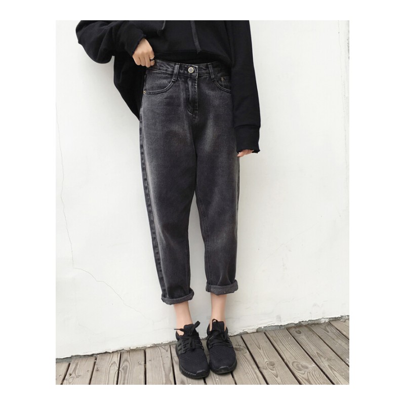 胖mm加肥加大码九分牛仔裤女秋装200斤胖妹妹宽松显瘦小脚哈伦裤深灰色8876S码【90-100斤】