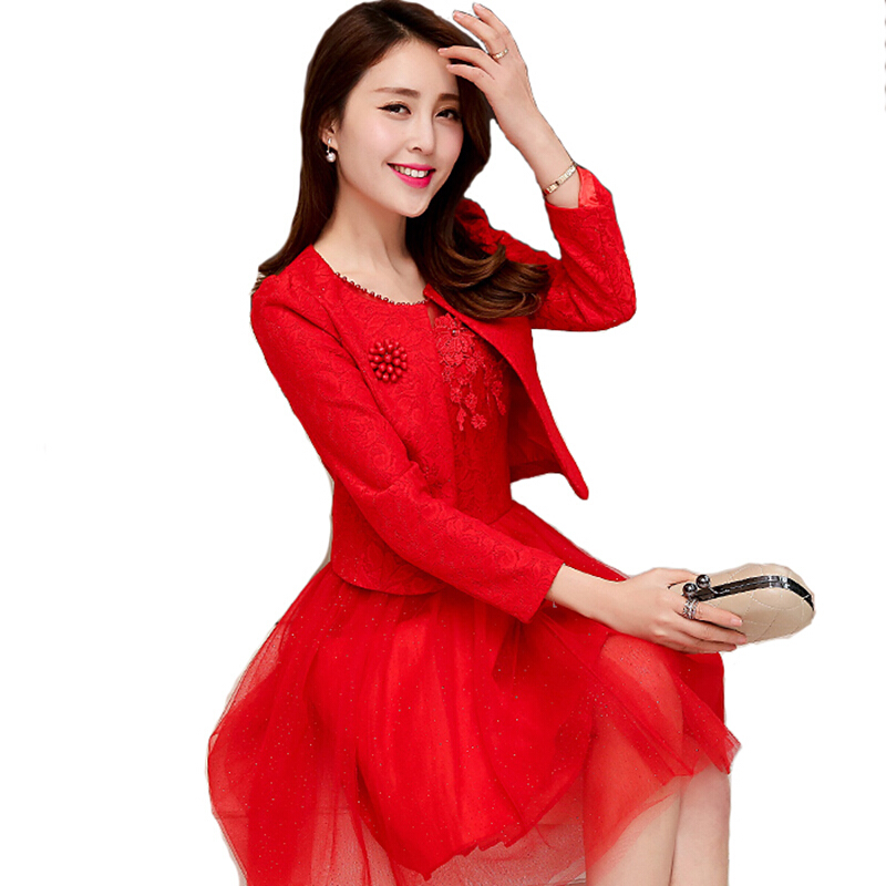 敬酒服新娘时尚韩式短款回装春秋季红色蕾丝连衣裙修身结婚礼服红色