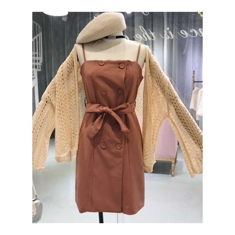 气质双排扣带裙女2018夏季高腰修身系带韩版纯色连衣裙杏色均码