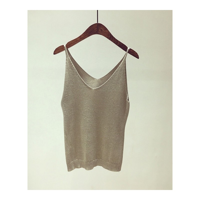 带背心女性感低V领冰丝亮丝打底衫卡其色均码