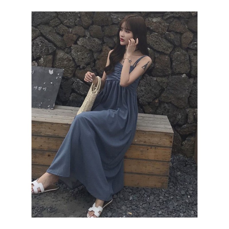 夏季韩版宽松休闲双肩带高腰无袖抹胸带中长款连衣裙女黑色均码