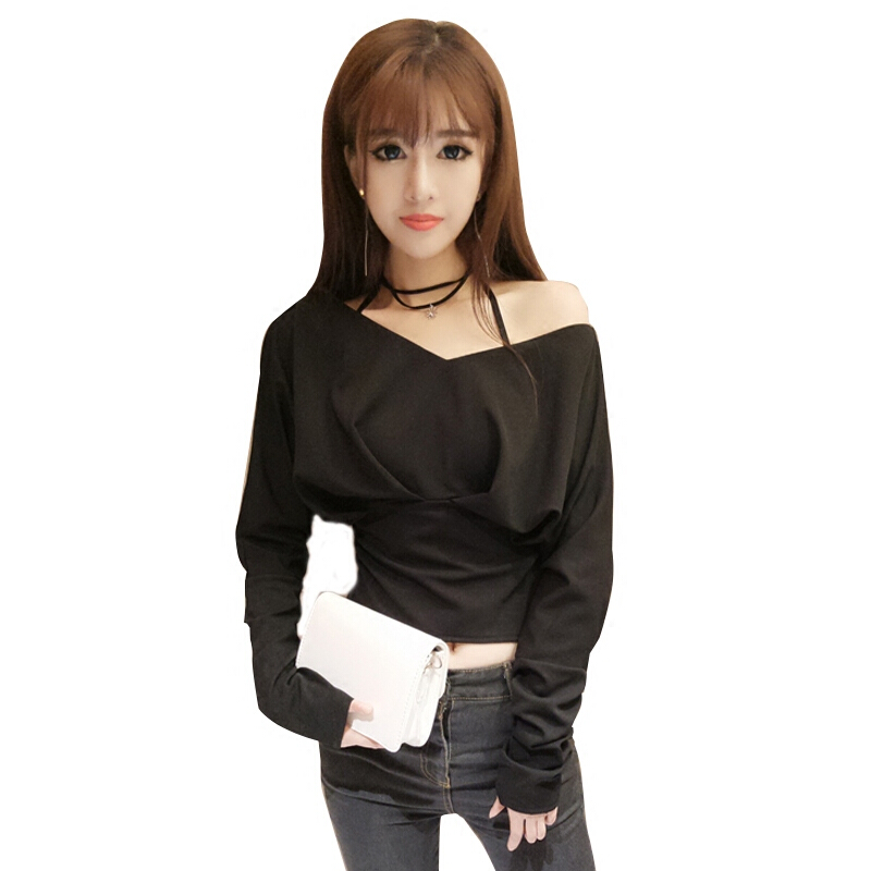 2018秋季新款时尚性感气质V领纯色长袖收腰短款显瘦T恤上衣女黑色均码