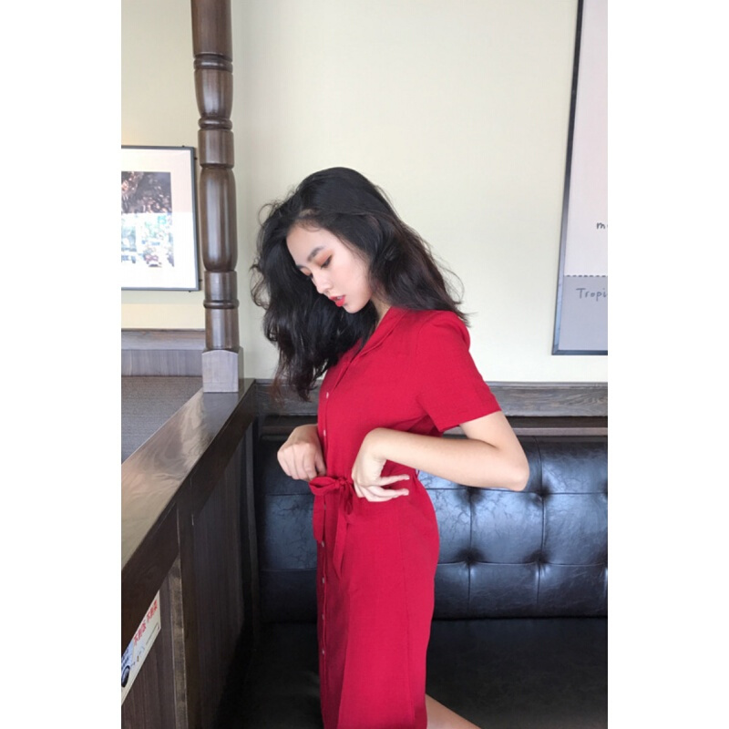 夏季韩国chic风气质复古红翻领单排扣系带收腰短袖连衣裙女复古红