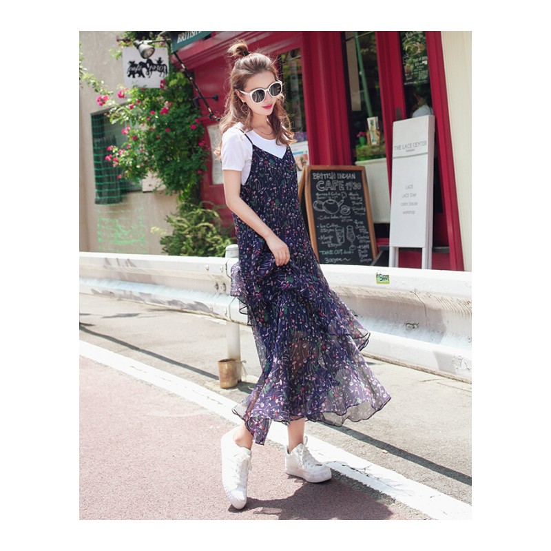 春装2018韩版女夏雪纺带连衣裙时尚气质碎花裙小清新长裙子藏青色