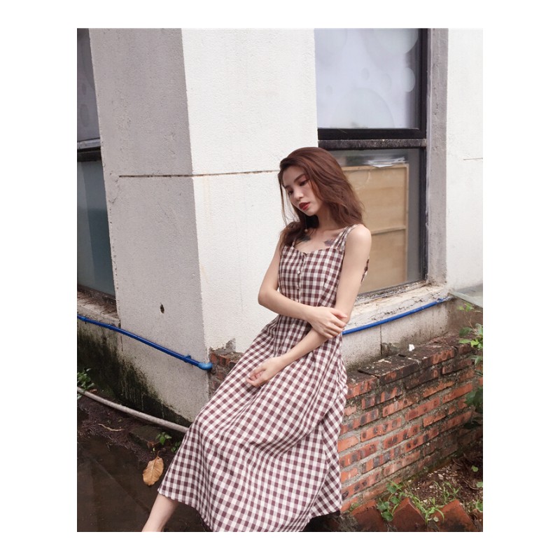 2018夏季港味复古风格子单排扣多肩带带高腰大摆中长连衣裙黑色均码(160/84A)