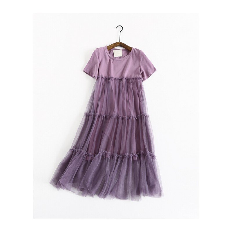 夏装基础连衣裙女装网纱拼接短袖连衣裙紫色