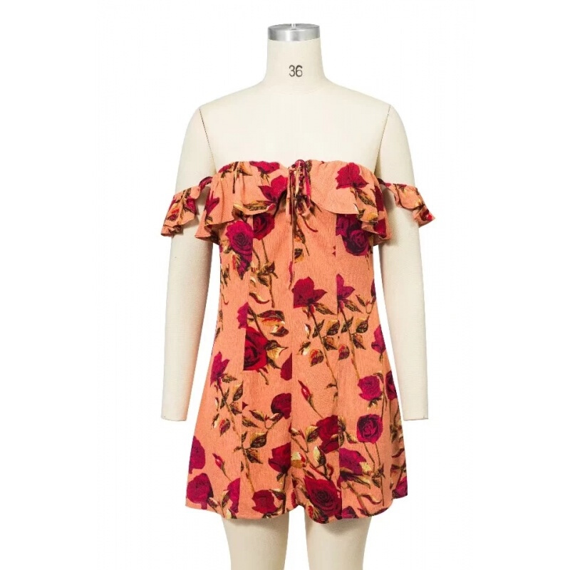 欧美2018春夏季修身显瘦一字领露肩玫瑰印花度假连衣裙短裙女如图