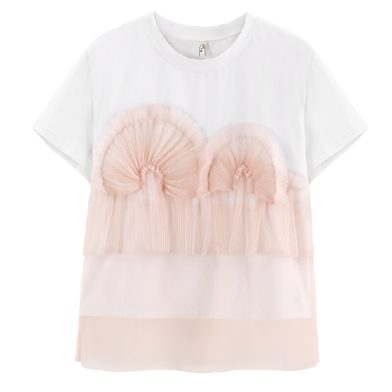 短袖T恤女装夏装2018韩版宽松上衣网纱拼接白色潮体恤拼色