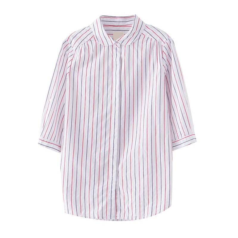 个性条纹中袖衬衫女2018夏季日系棉麻衬衫
