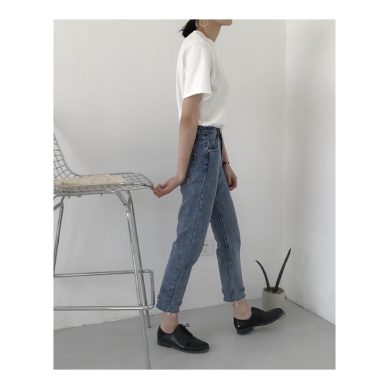 2018新款春装韩版女装高腰学生牛仔裤宽松毛边割破直筒九分裤蓝色