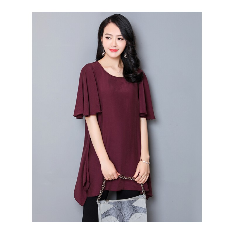 200斤加肥大码女装胖mm夏装胖妹妹纯色宽松显瘦中长款短袖连衣裙深酒红