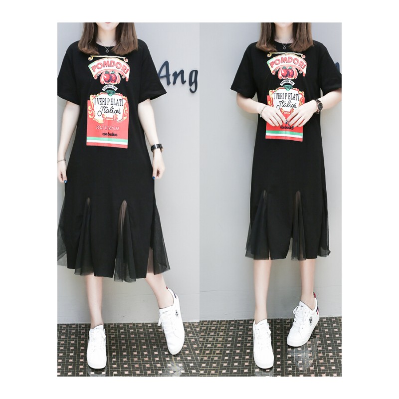 大码女装夏装胖妹妹遮肚鱼尾裙微胖MM爱中长款显瘦连衣裙仙黑色L码建议100-120斤