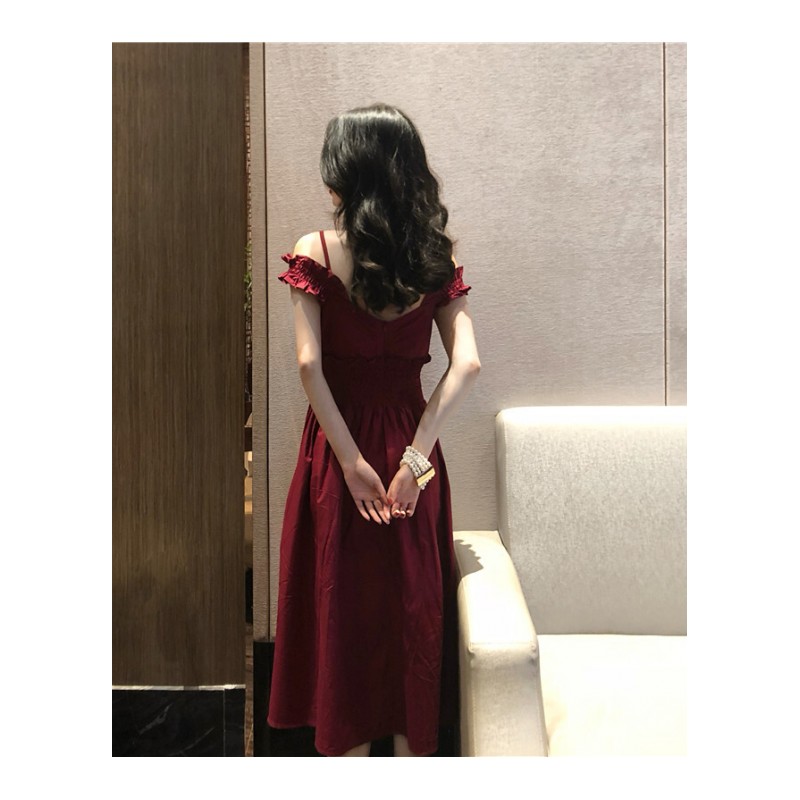 女神范复古韩版方领背带连衣裙女夏露肩露背中长款收腰带裙 红色 均码(160/84A)