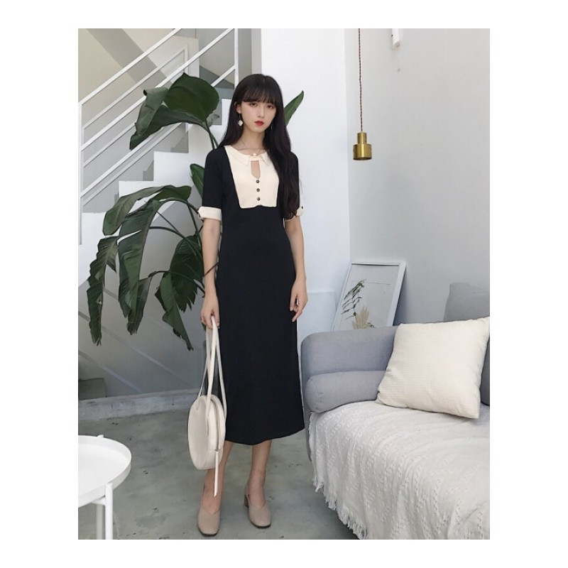 夏季韩版个性拼接撞色短袖连衣裙中长款修身显瘦打底裙女 图色 均码