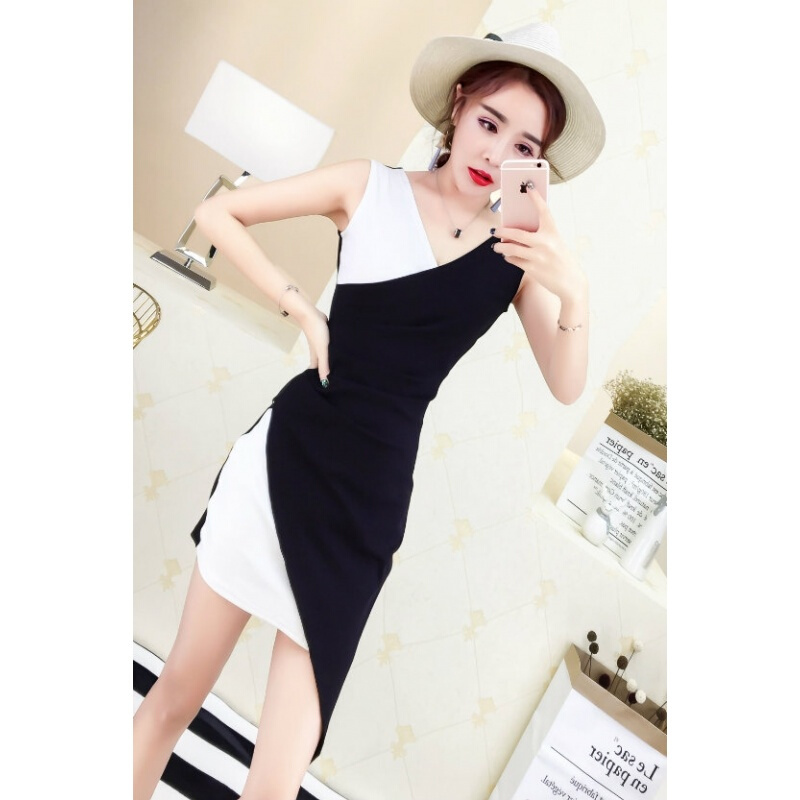夏装2018女韩版气质V领无袖修身显瘦不规则拼接撞色连衣裙黑白色均码