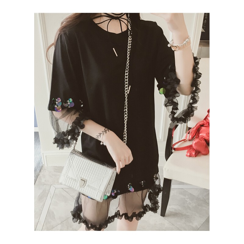 2018春夏装加大码女装胖妹妹显瘦中长款网纱宽松连衣裙200斤黑色