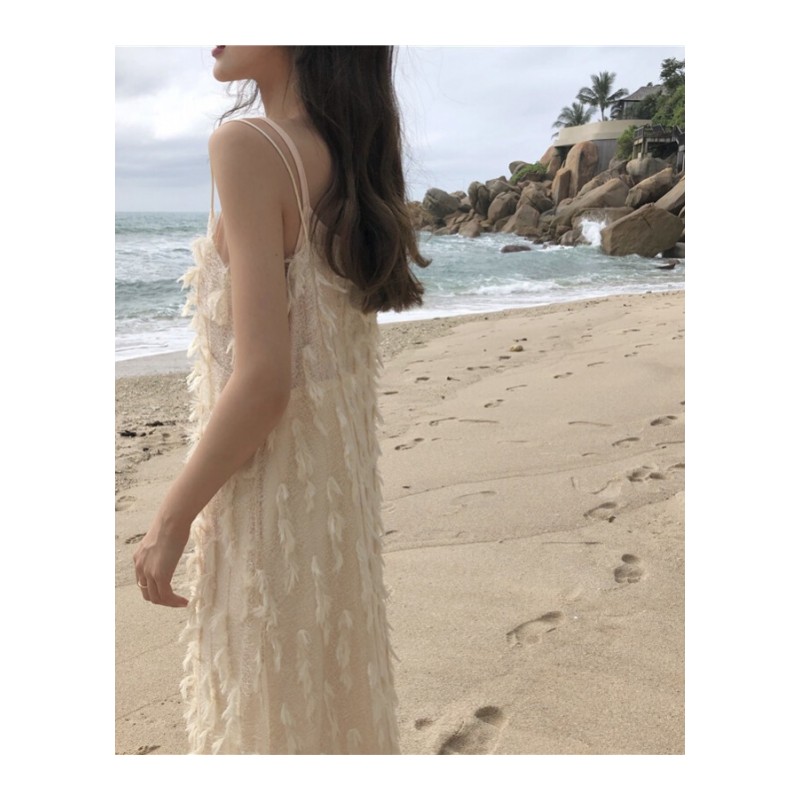 夏季韩国温柔仙女风优雅显白中长款度假带裙连衣裙 杏色带裙 均码