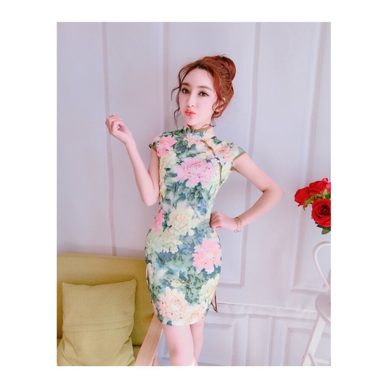 夏季旗袍2018款立领复古印花性感收腰显瘦修身开叉包臀连衣裙夏图片色