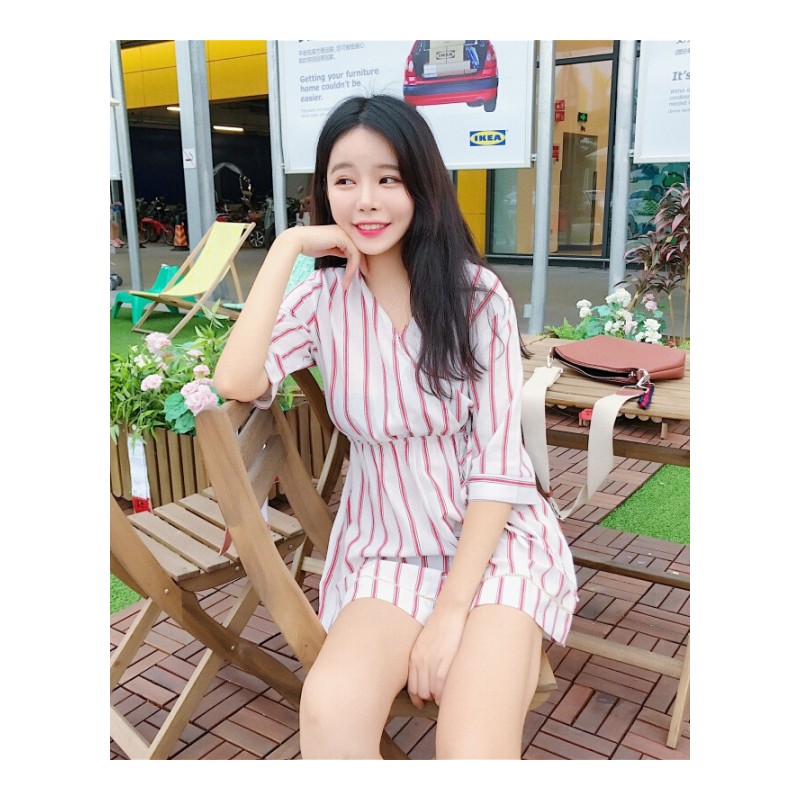 夏装女装韩版宽松复古V领收腰条纹连体裤显瘦裙裤学生休闲裤短裤 条纹 均码