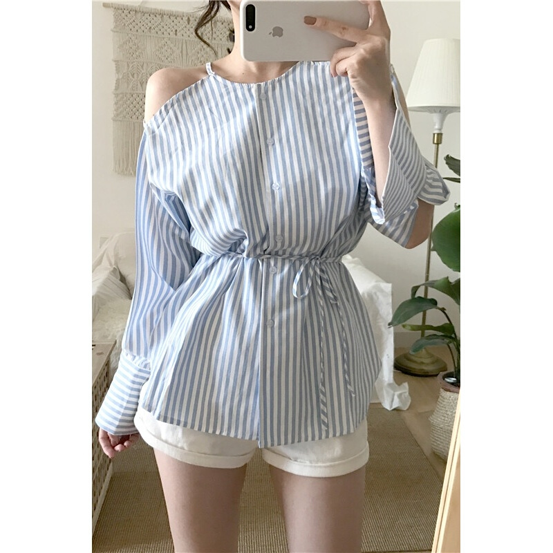 春夏韩版个性镂空露肩条纹衬衫衬衣长袖单排扣开衫上衣女杏色均码