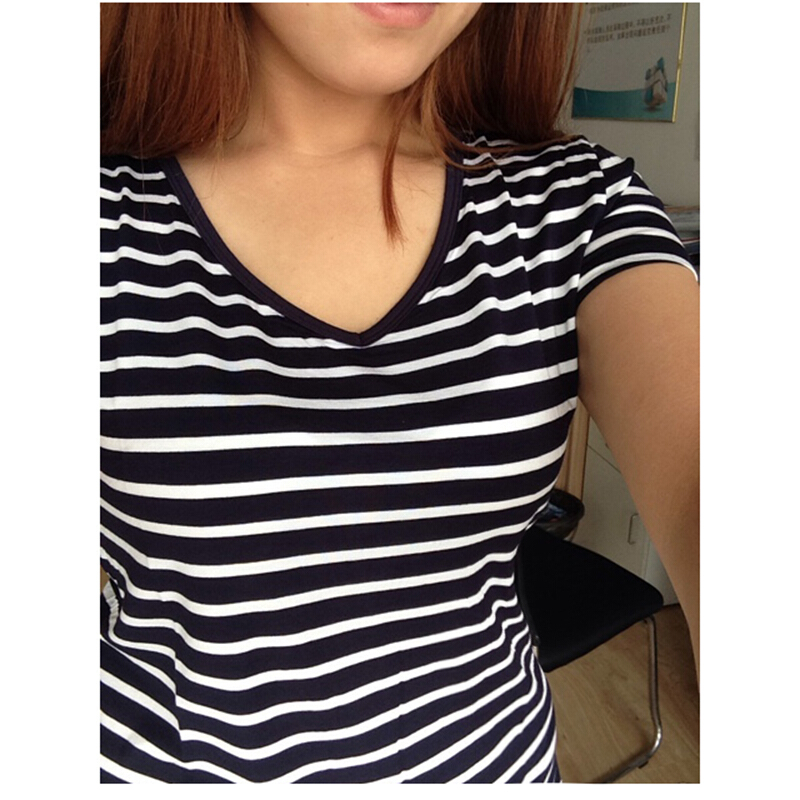 2018新款春夏大码女装条纹V领短袖打底衫莫代尔修身显瘦T恤潮