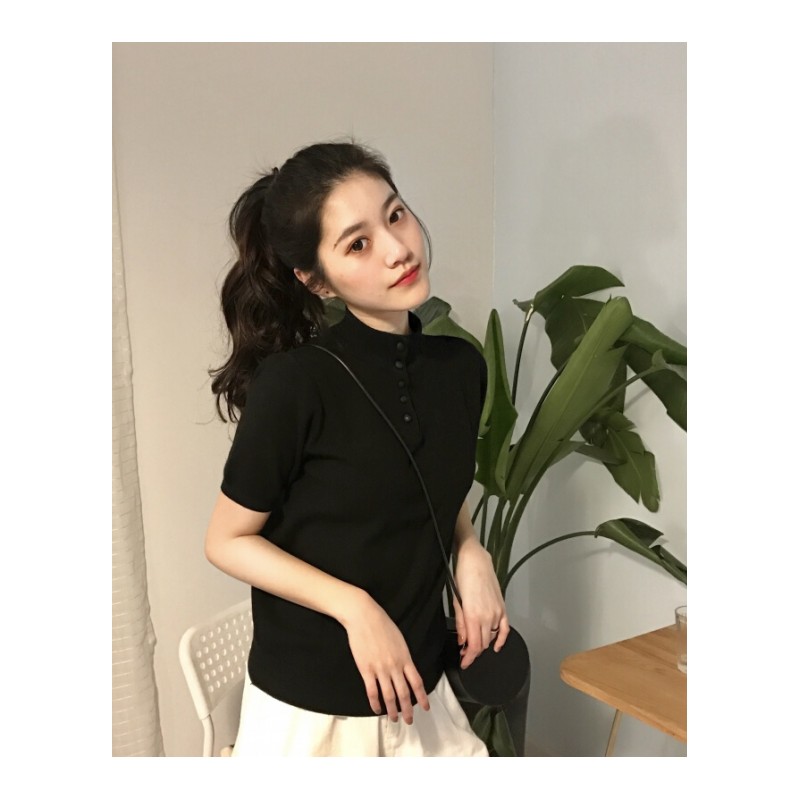 夏季简约大气韩国气质立领纯色温柔感短袖针织上衣女白色均码