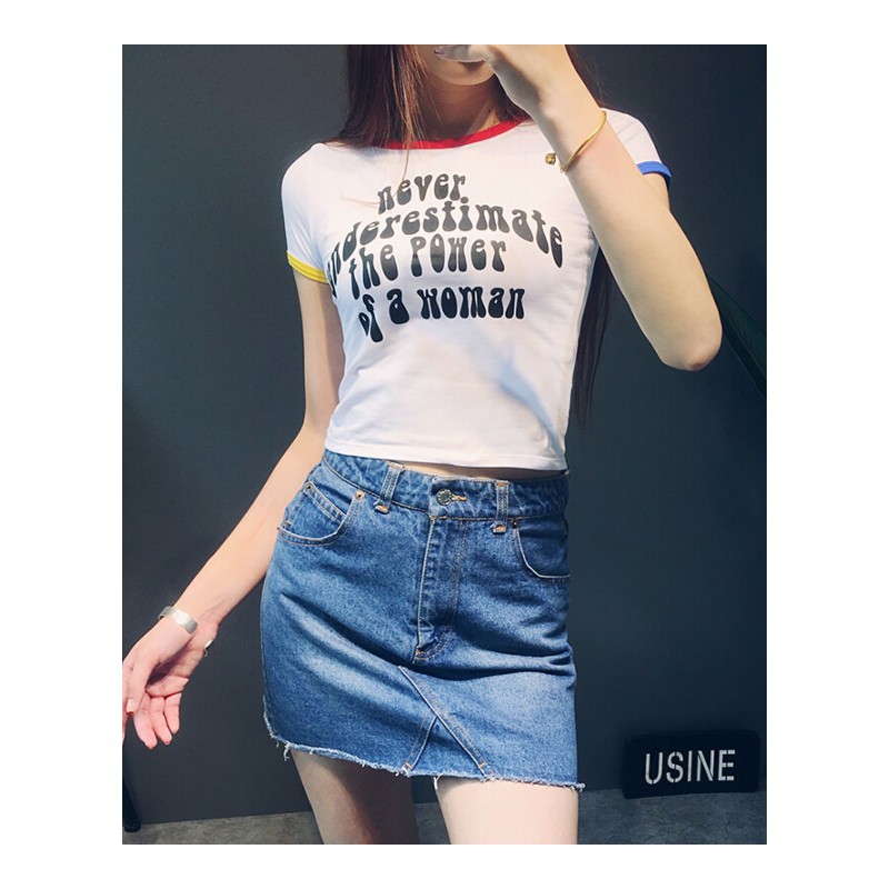 欧美复古修身显瘦字母印花短款高腰露脐T恤短袖上衣女夏打底衫