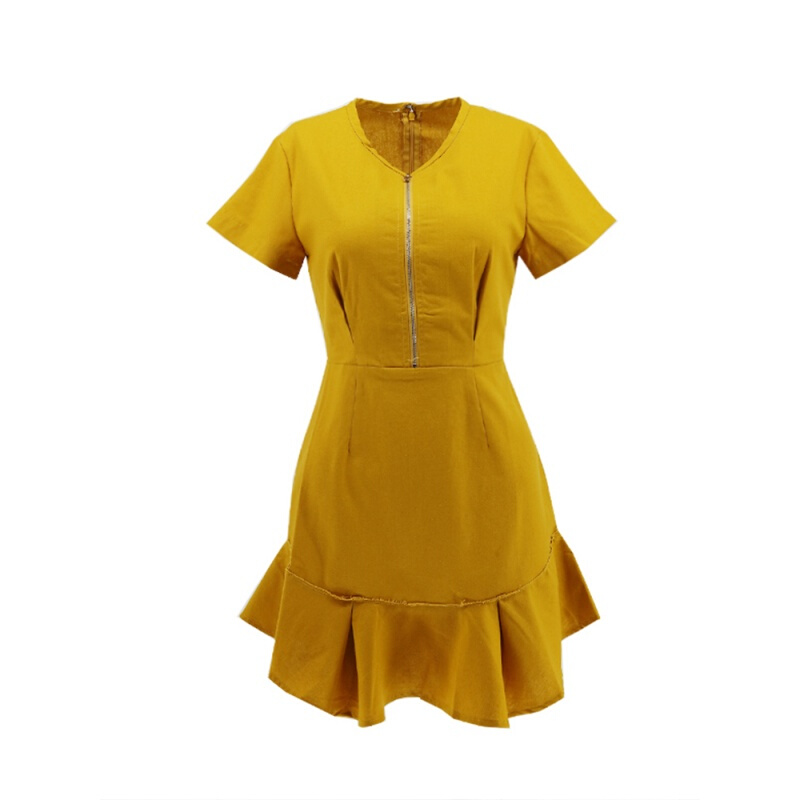 荷叶边连衣裙高腰黄色收腰短袖纯色小心机夏女短裙芒果色