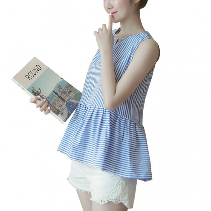 条纹带女装2018夏季时尚蓝色无袖背心荷叶边上衣裙摆娃娃衫蓝色条纹纽扣