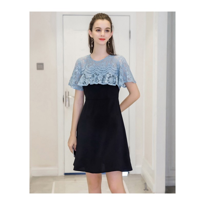 2018夏装潮胖mm200斤大码女装蕾丝拼接显瘦假两件连衣裙蓝+黑