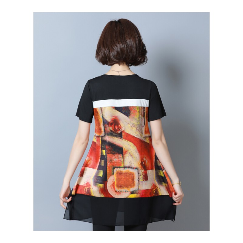 加大码女装2018夏季胖mm洋气套装印花遮肚子短袖七分裤两件套