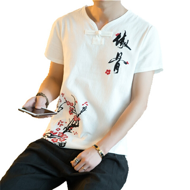 夏季中国风亚麻男士短袖T恤男V领宽松大码休闲棉麻刺绣薄款布衣酒字白色