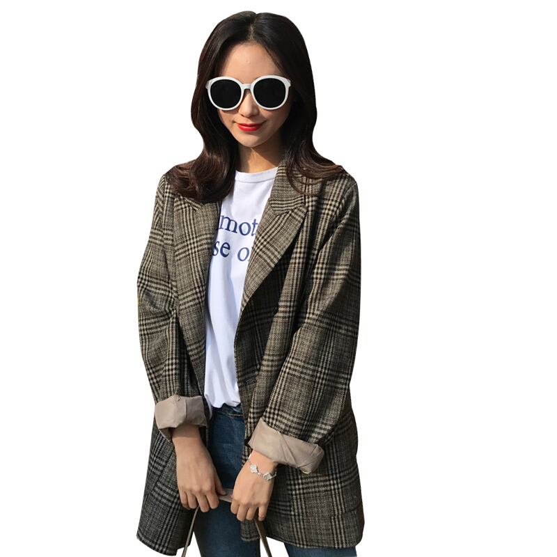 2018韩国春装新款英伦复古风格子小西装女外套中长款显瘦气质咖啡色