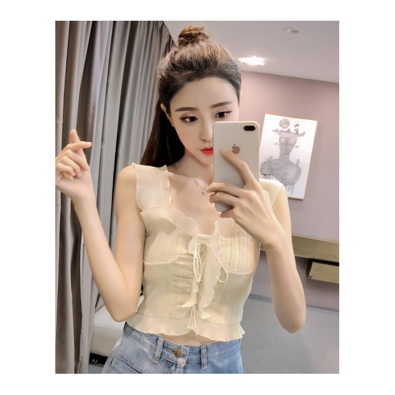 2018夏季韩版纯色木耳边系带显瘦背心女甜美短款打底衫带
