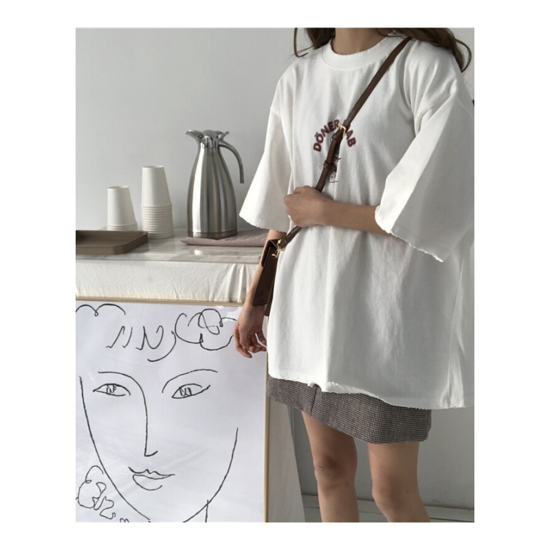 夏季韩版女装基础字母印花短袖T恤女学生宽松休闲上衣打底衫黑色均码