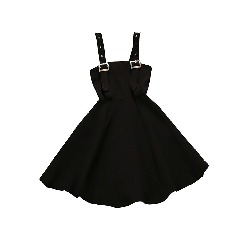 2018春夏学院风休闲背带一字领无袖露肩收腰大摆连衣裙女3167黑色