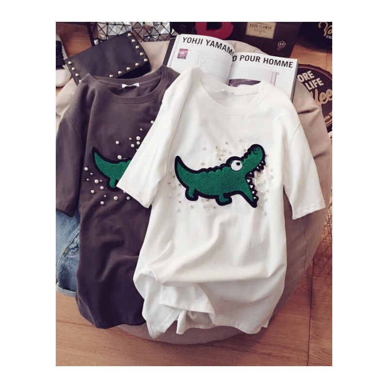 短袖钉珠印花宽松T恤女圆领2018春装新款韩版显瘦上衣白色均码