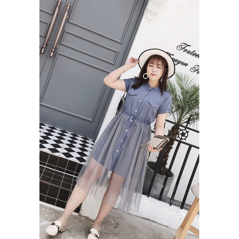 韩版2018夏上新胖mm显瘦短袖翻领连衣裙网纱裙套装200斤大码女装