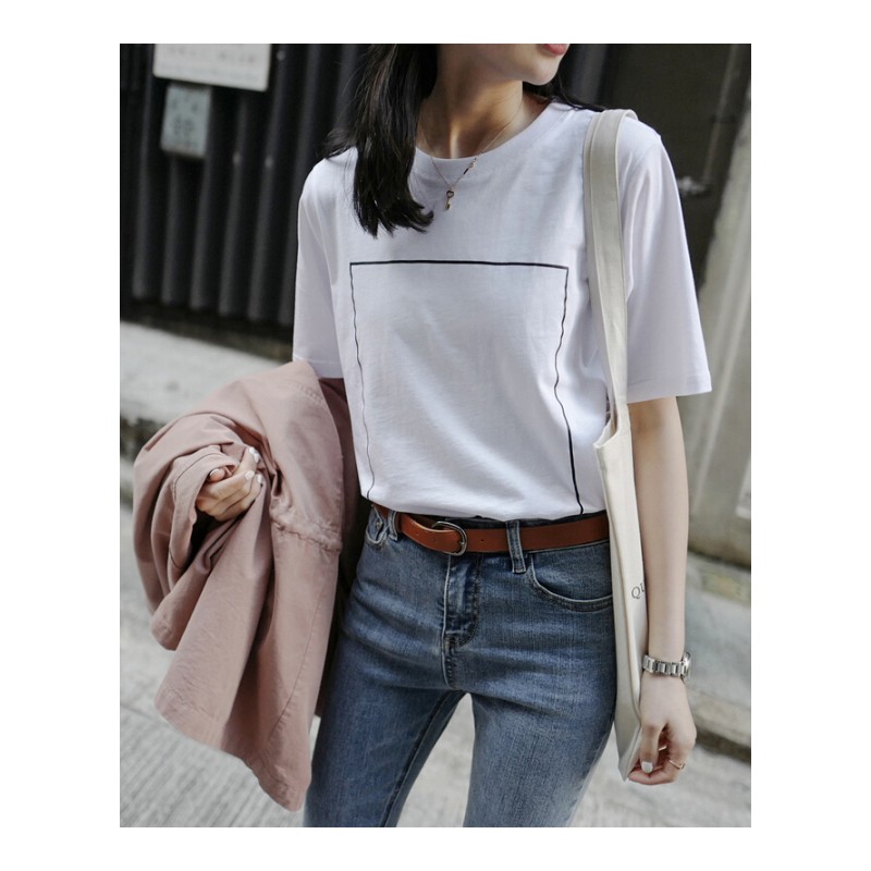 背后字母印花宽松圆领短袖T恤女2018春季新款韩范打底衫