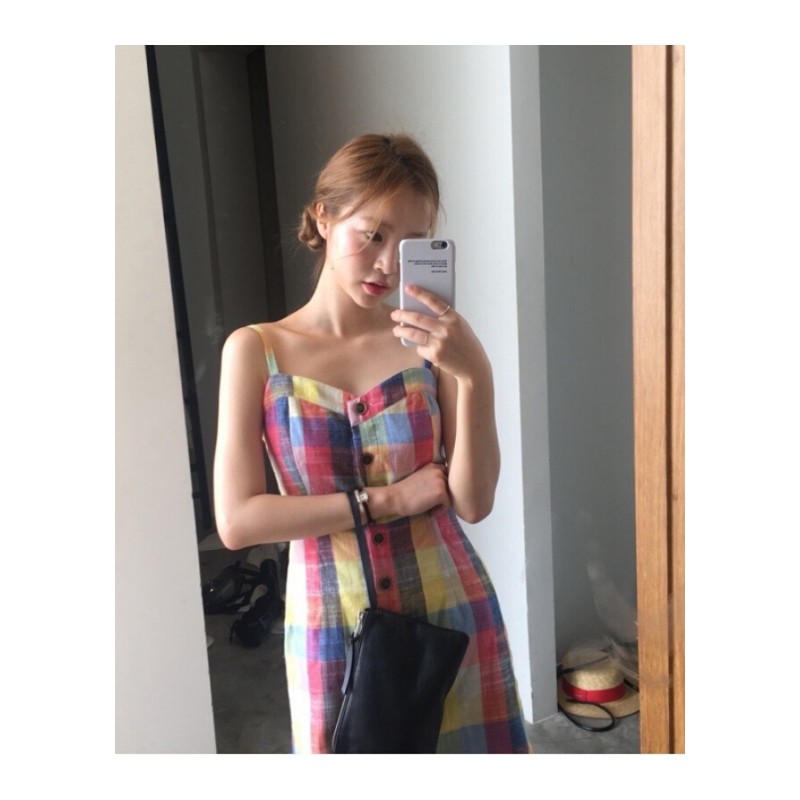 夏韩国复古少女彩色格纹高腰单排扣带连衣裙图色